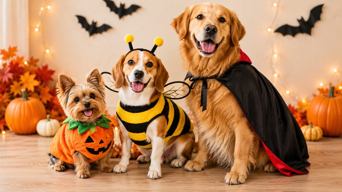 Illustration of a small, medium and large dog in Halloween costumes together